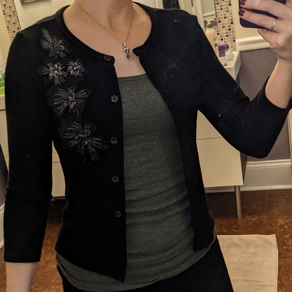 NEW S Black Cardigan with silver flowers sweater
